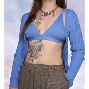 Blue Two Piece Set Current Mood Blue Ribbed Bra w/ Matching Cropped Sweater Sz M